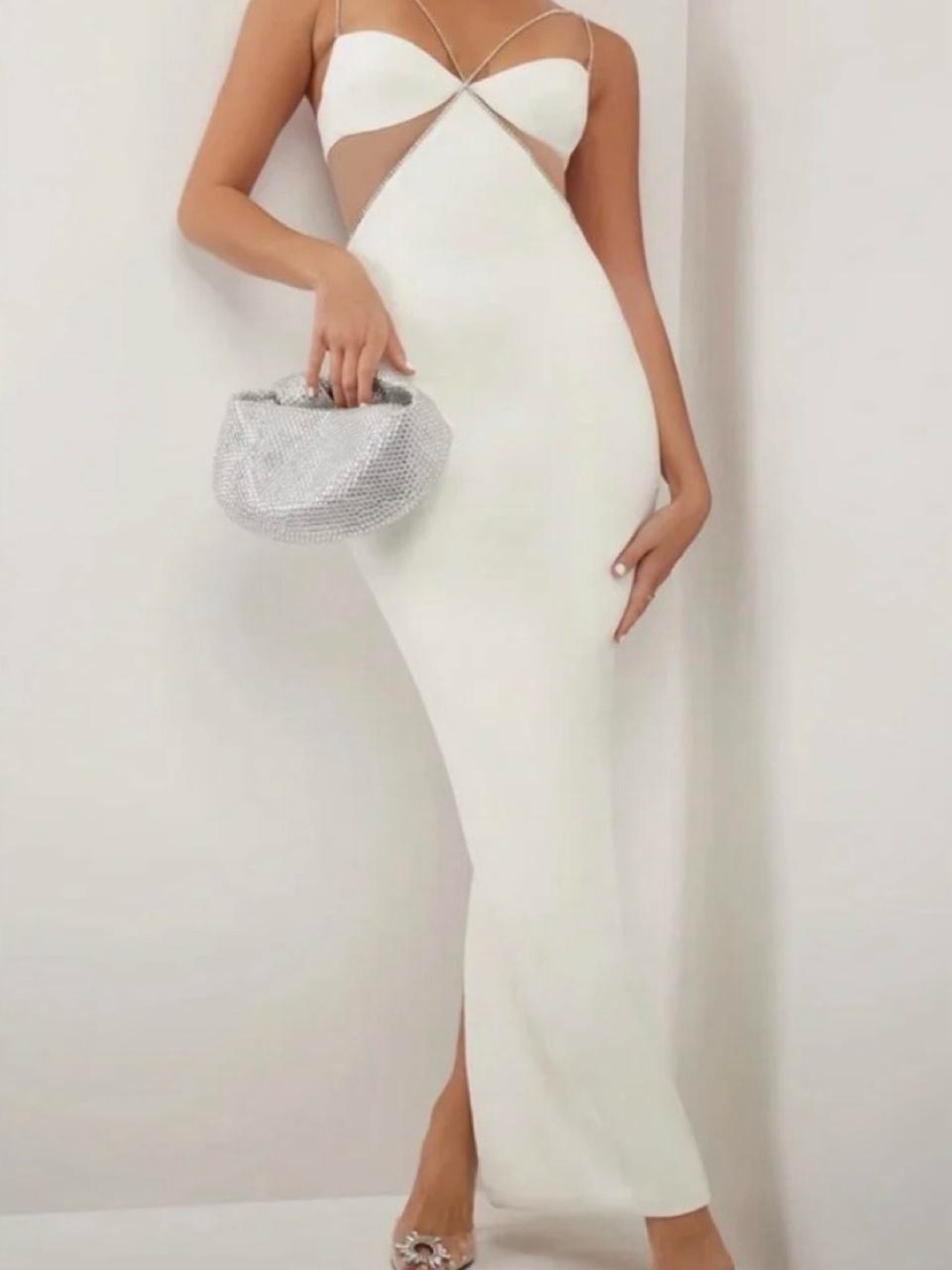 White Maxi Dress with Crystal-Trim Cutouts